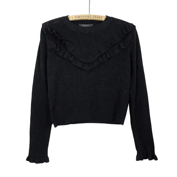 Forever 21 Womens  Medium Black Frill Crewneck Pullover Knit Sweater - Picture 1 of 4